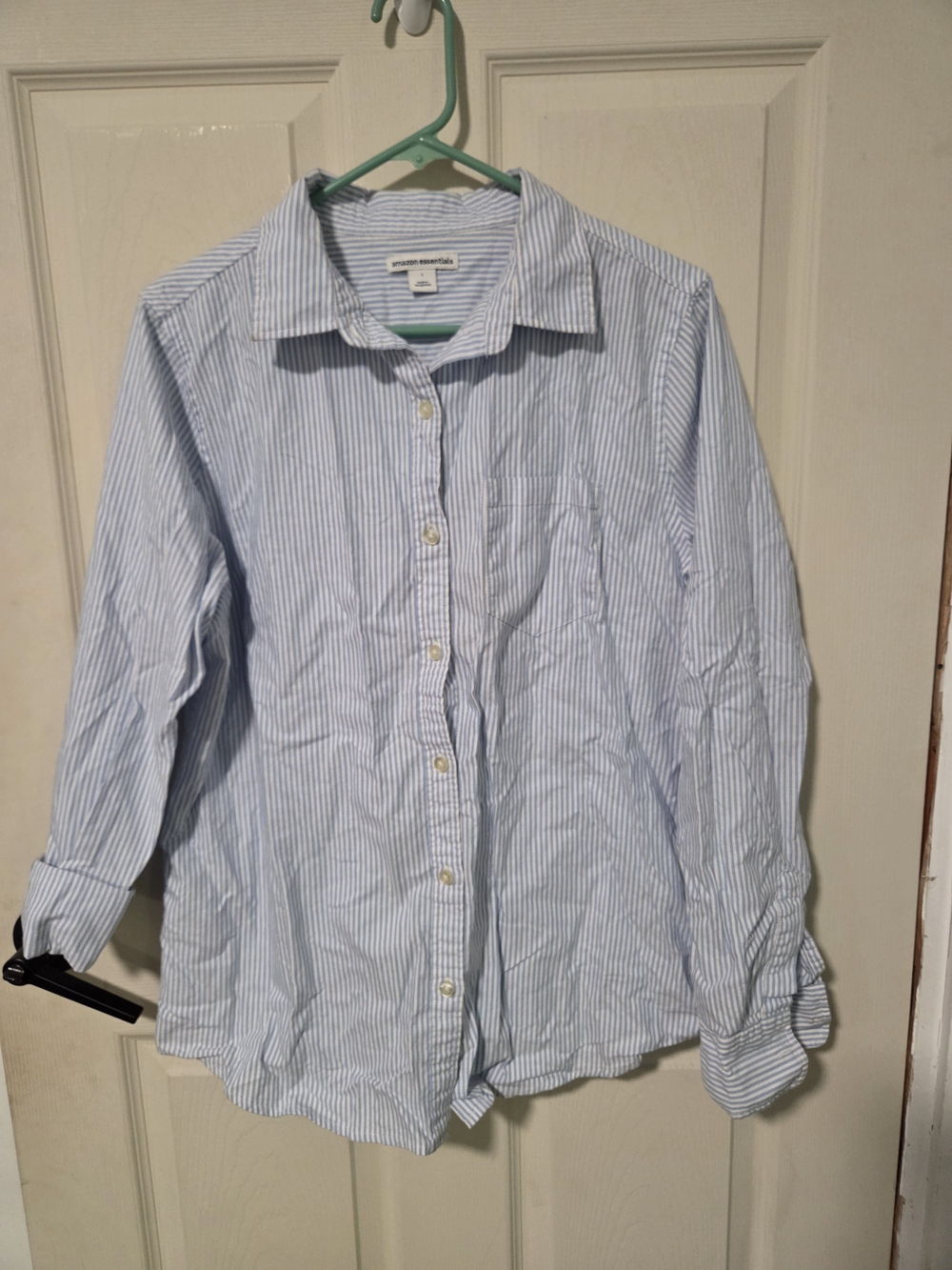 Amazon Essentials Light Blue and White Striped Women's Button-Down Shirt